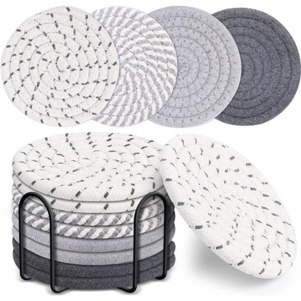 Absorbent Cotton Woven Drink Coasters Set of 8 with Holder Tabletop Protection